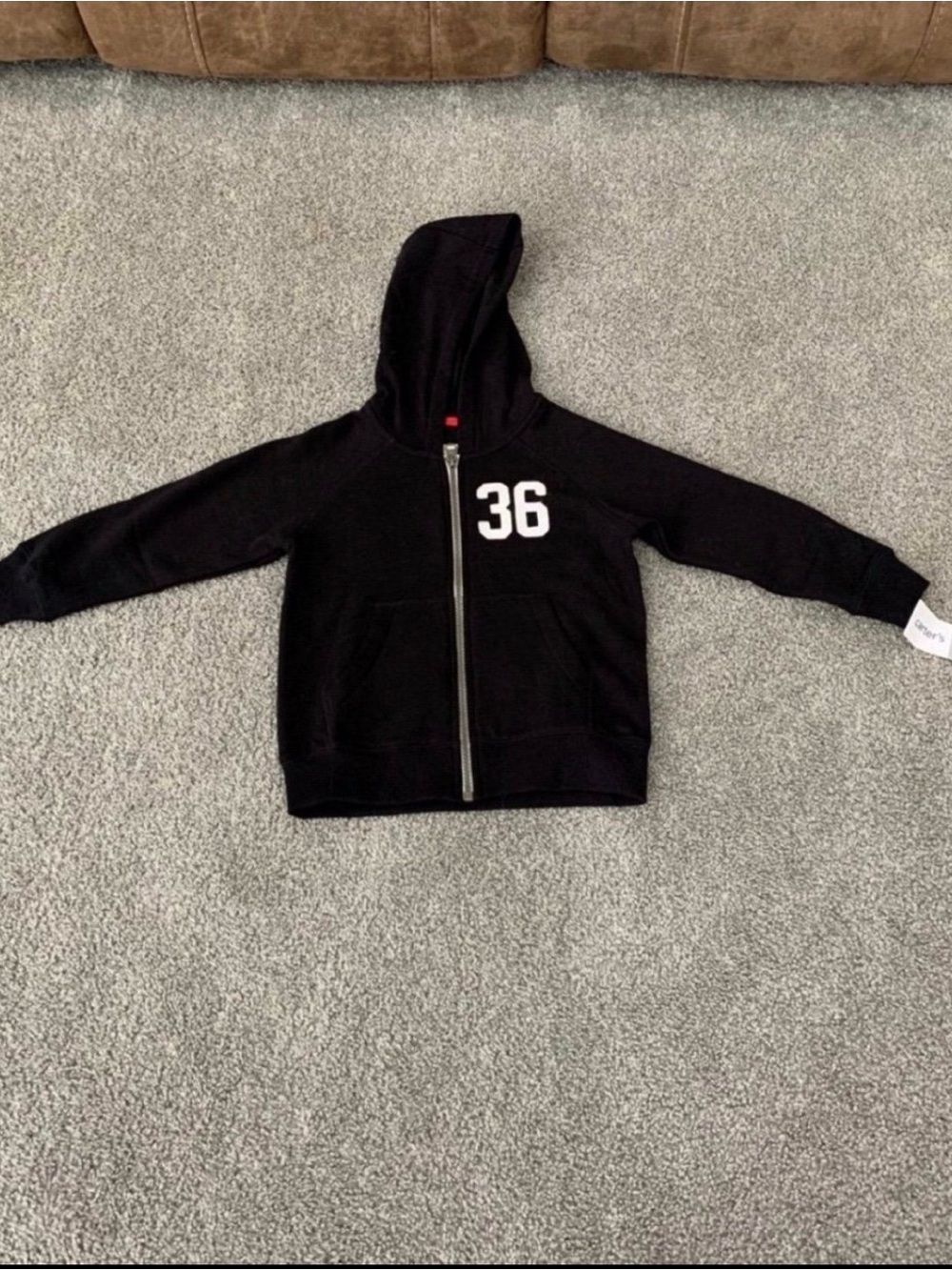 Carter's Black Zip Hoodie with White "36" Graphic